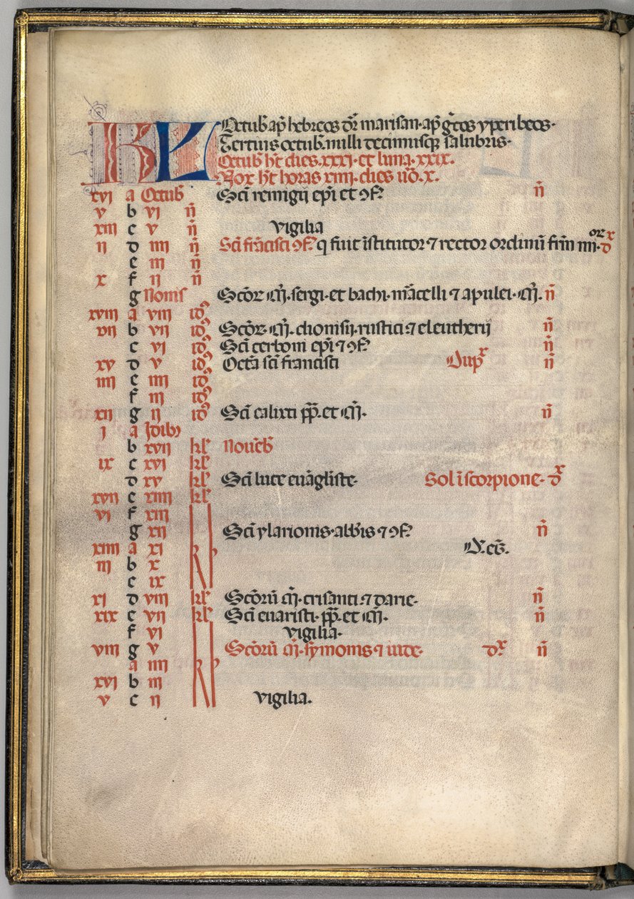 Missale: Fol. 7v: página do calendário de outubro, 1469. de Bartolomeo Caporali