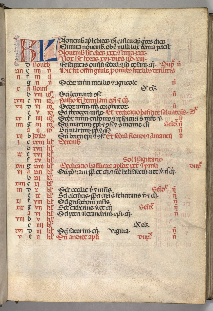 Missale: Fol. 8r: Página do calendário de novembro, 1469. de Bartolomeo Caporali