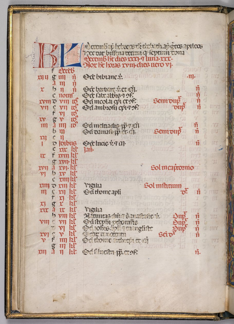 Missale: Fol. 8v: página do calendário de dezembro, 1469. de Bartolomeo Caporali