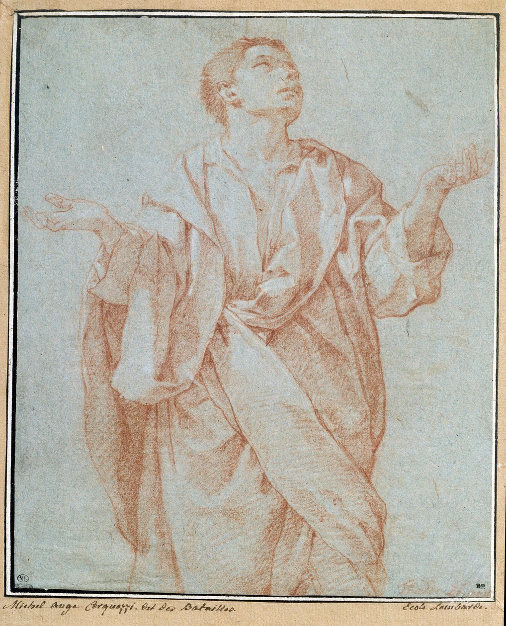 Homem drapeado, braços abertos, olhos erguidos para o céu, cabeça inclinada desenhando a la sanguine por Bartolomeo Cesi (1556-1620) Dim. 0,28 x 0,23 m Paris. Museu do Louvre de Bartolomeo Cesi