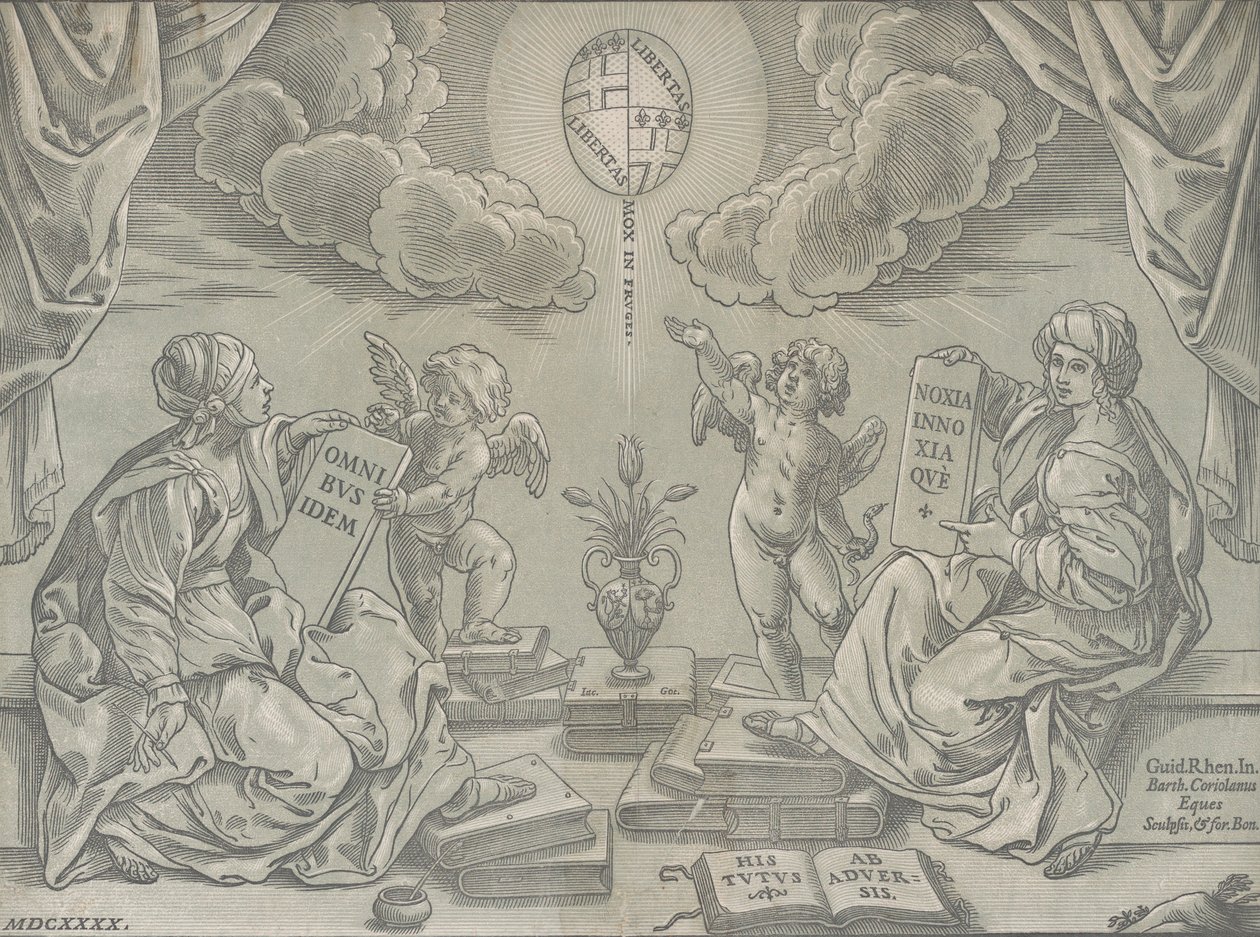 Alegoria de uma tese, duas mulheres seguram tabuletas com inscrições, 1640. de Bartolomeo Coriolano