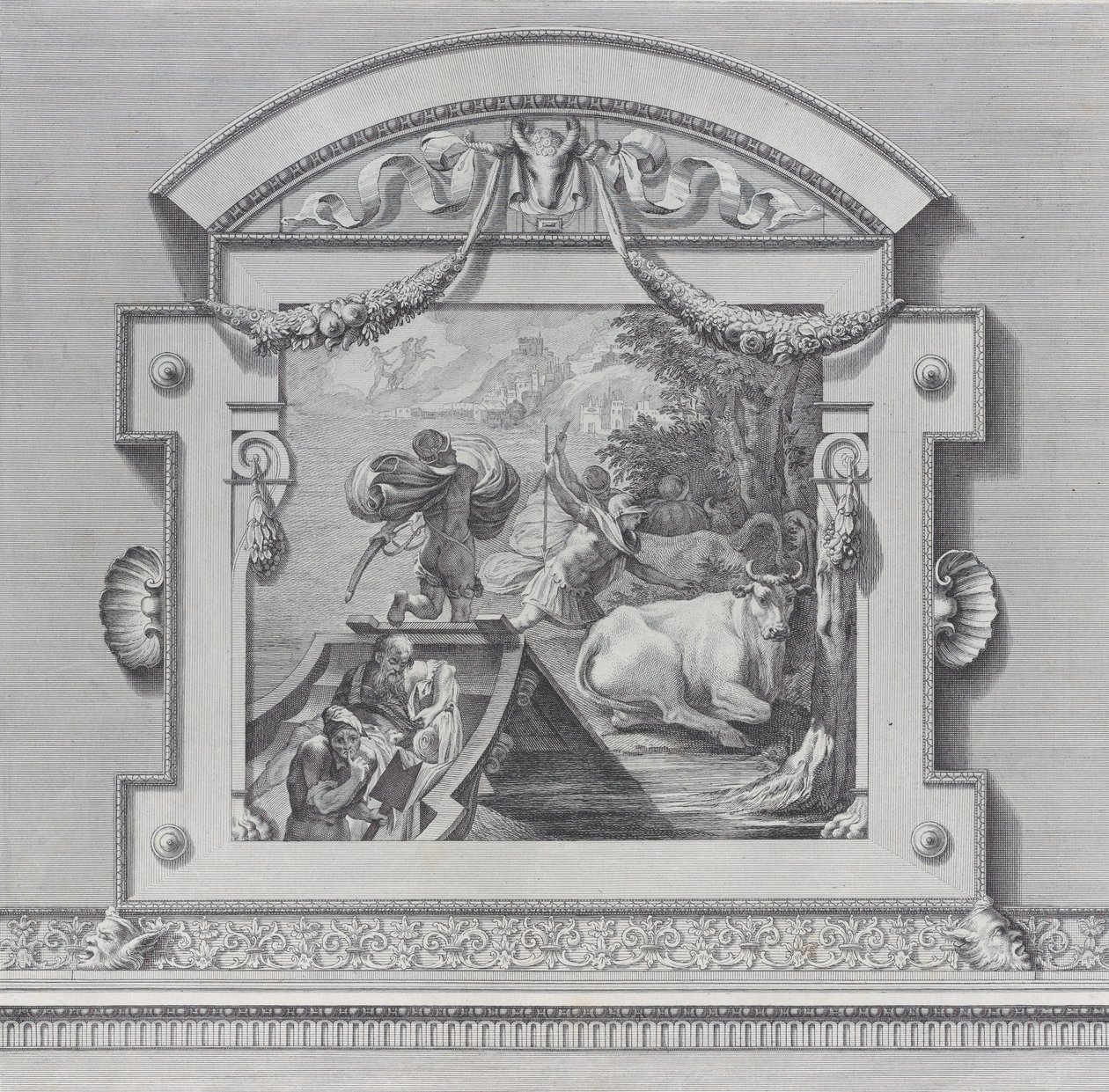 Ilustração 24: Os companheiros de Ulisses roubando os bois sagrados para Apolo, 1756. Criadores: Bartolomeo Crivellari, Gabriel Söderling. de Bartolomeo Crivellari, Gabriel Söderling