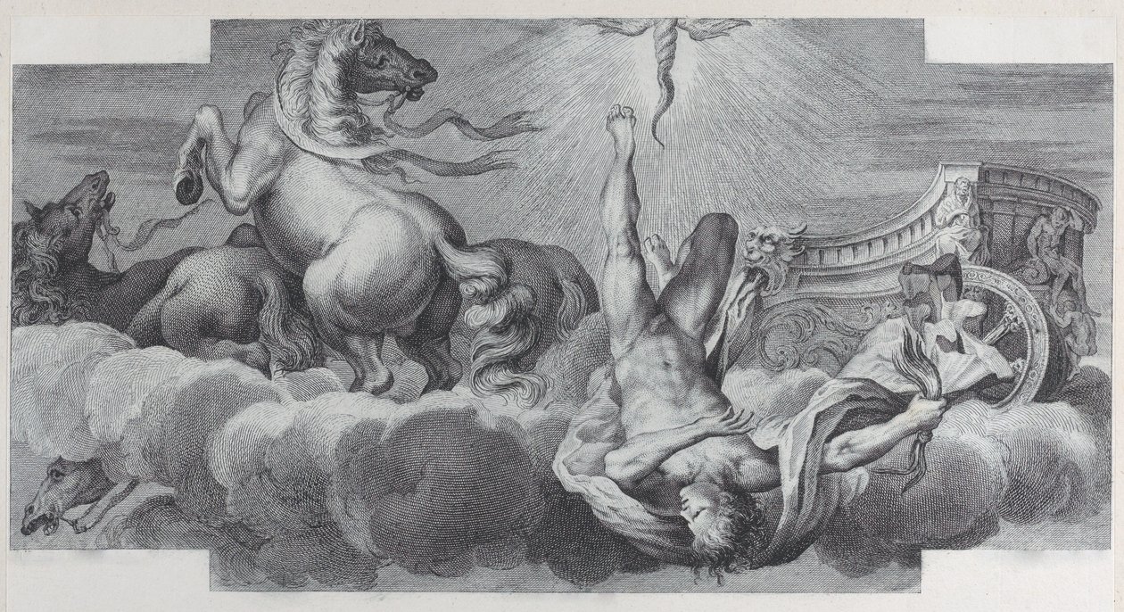 Ilustração 34: Auriga, o cocheiro, cai da carruagem no centro, com três cavalos em l..., 1756. Criadores: Bartolomeo Crivellari, Gabriel Söderling. de Bartolomeo Crivellari, Gabriel Söderling