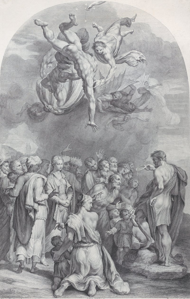 Gravura 41: São João Batista pregando para uma grande multidão e batizando crianças, 1756. Criadores: Bartolomeo Crivellari, Gabriel Söderling. de Bartolomeo Crivellari, Gabriel Söderling