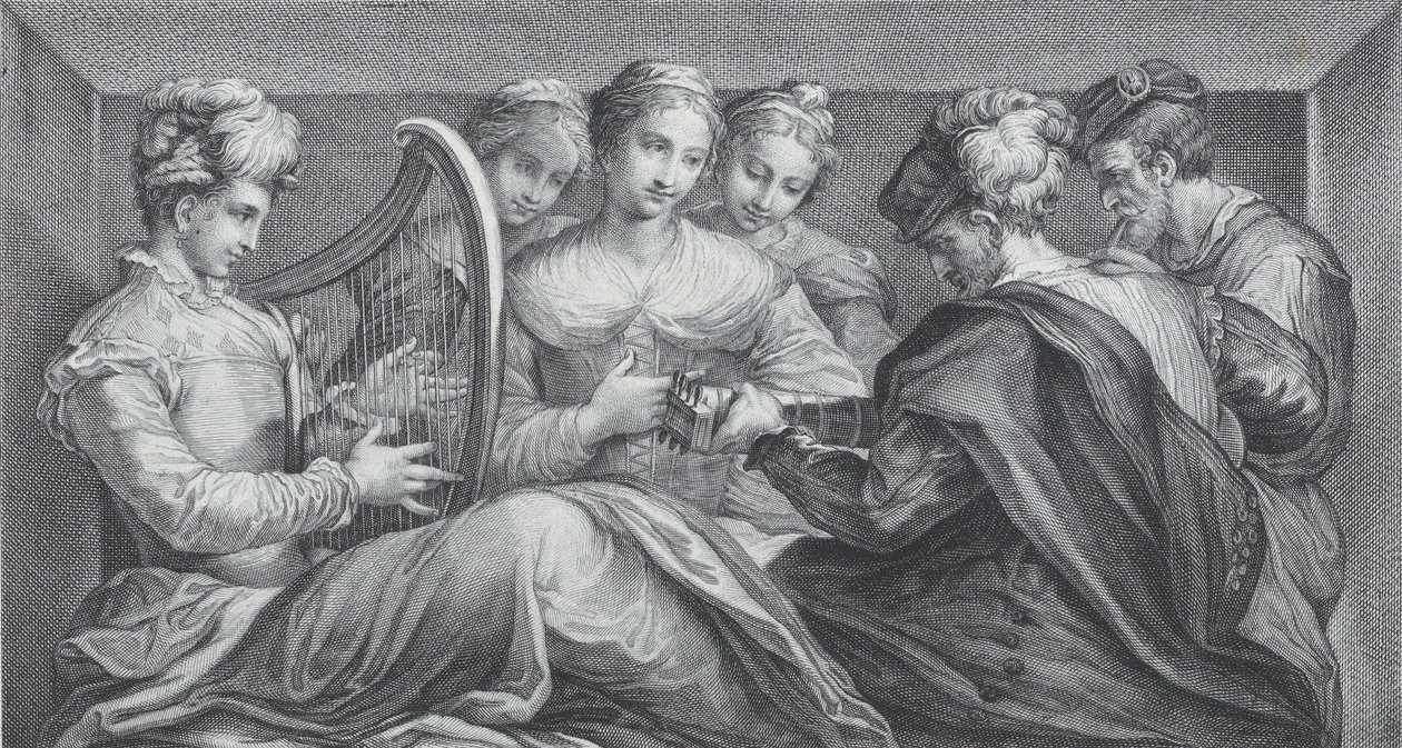 Um grupo de pessoas elegantemente vestidas tocando harpa e violão, 1740-68 de Bartolomeo Crivellari