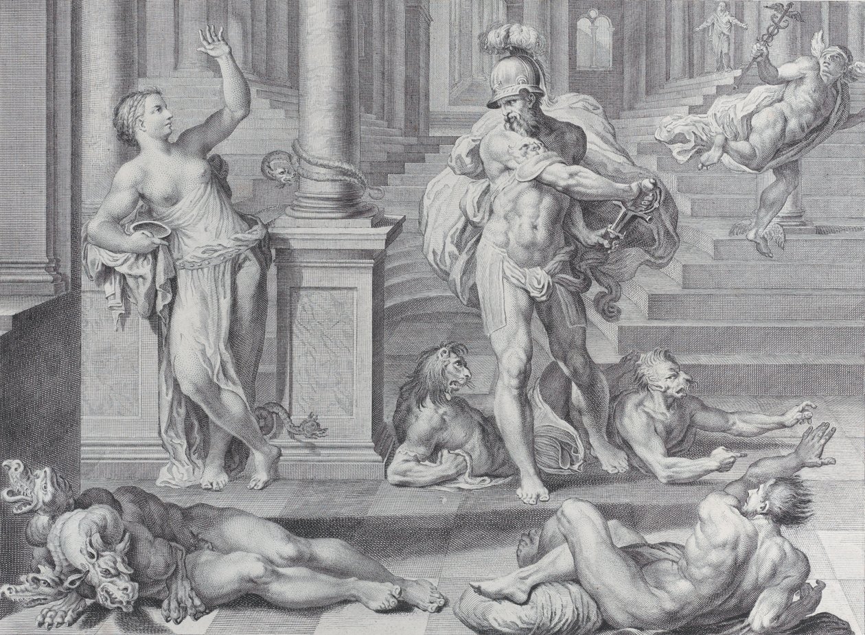 Placa 10: Ulisses obrigando Circe a restaurar as formas humanas de seus companheiros, que ela tinha ..., 1756 de Bartolomeo Crivellari