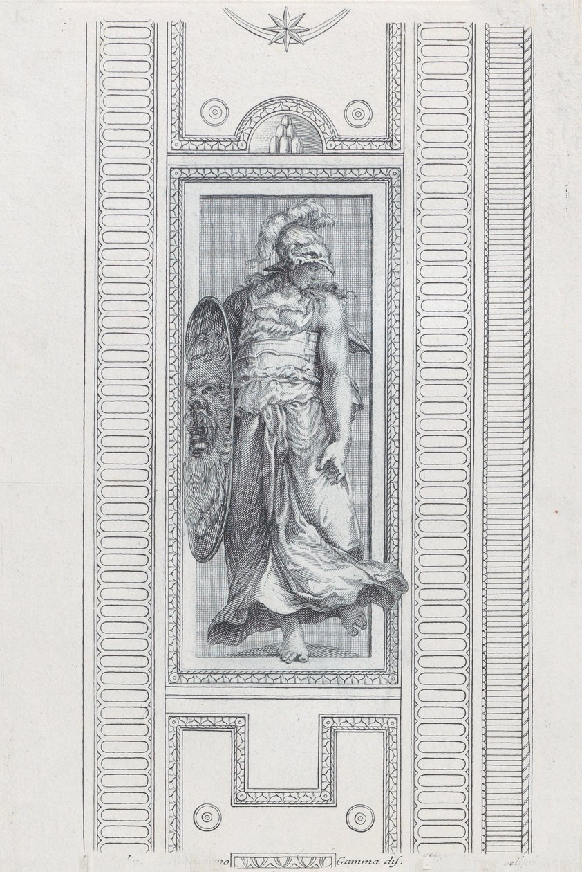 Placa 15: figura mitológica usando um capacete e segurando um escudo, 1756 de Bartolomeo Crivellari