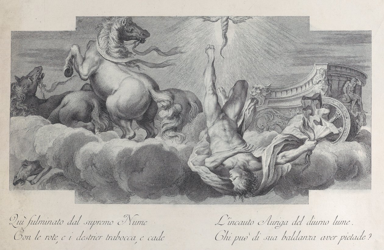 Gravura 34: Auriga, o cocheiro, cai da carruagem ao centro, com três cavalos a l..., 1756 de Bartolomeo Crivellari