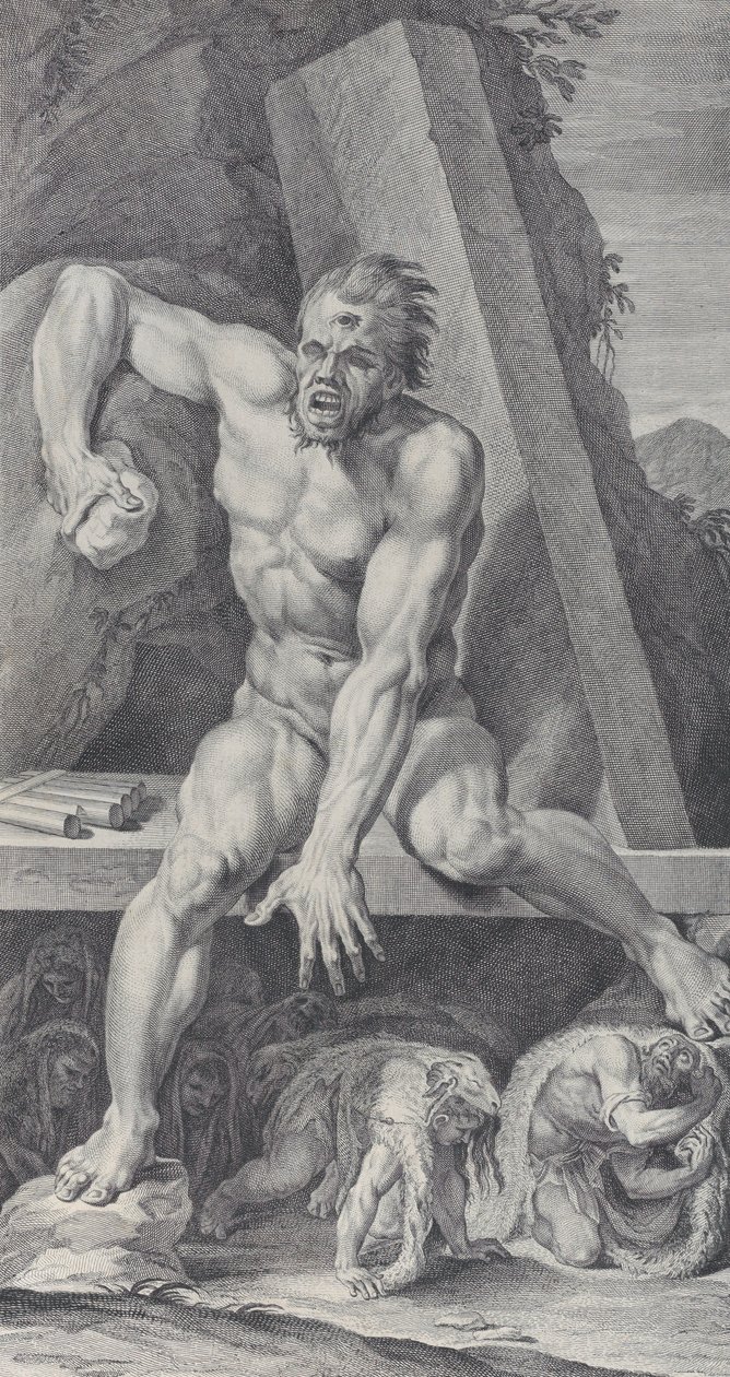 Placa 7: o cego Polifemo, guardando a entrada de sua caverna, com Ulisses e seu..., 1756 de Bartolomeo Crivellari