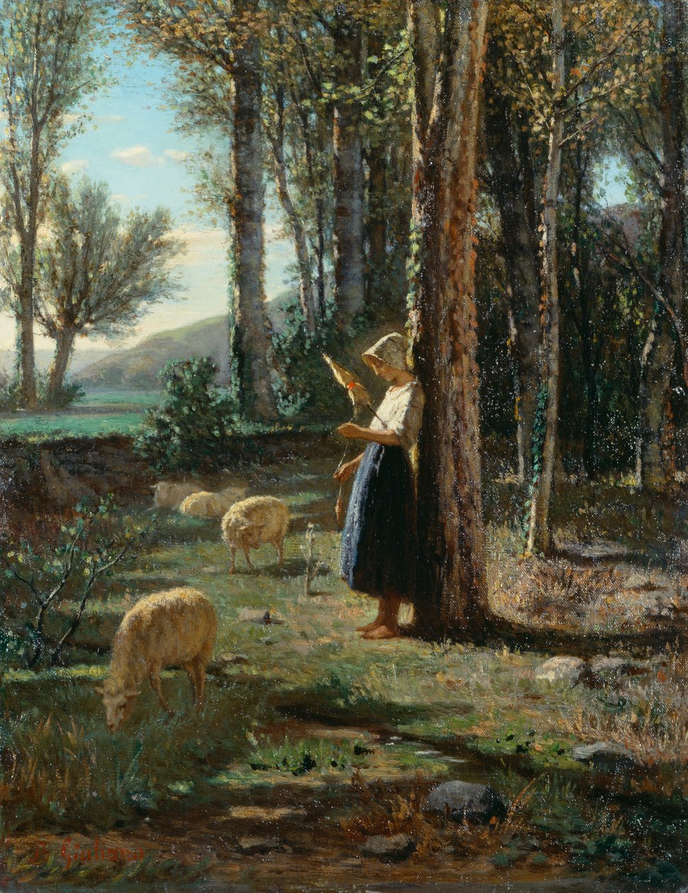 Pastora com rebanho de ovelhas, de Bartolomeo Giuliano (1825-1909), óleo sobre tela, 35x27 cm de Bartolomeo Giuliano