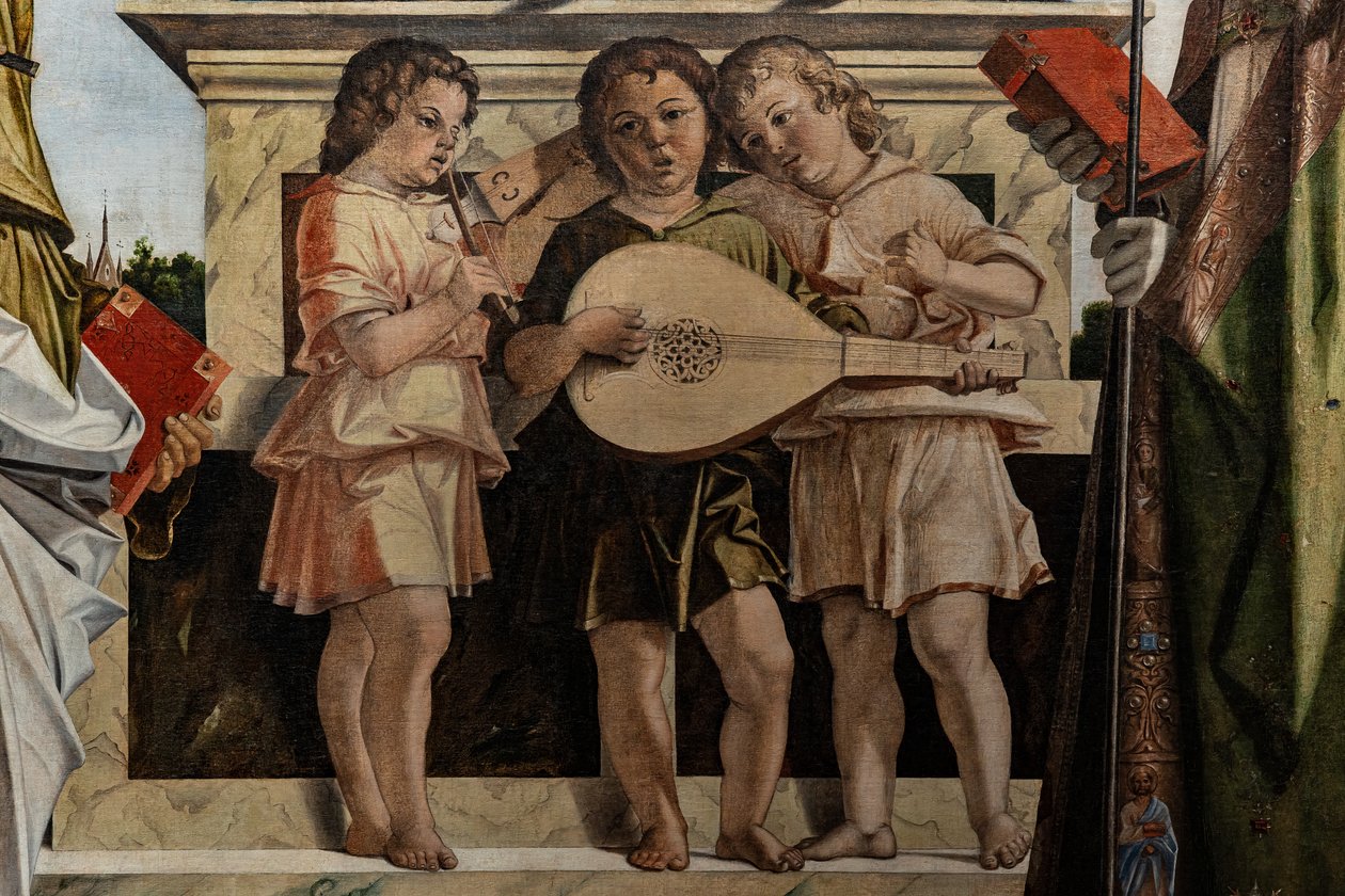 Madona Entronizada com o Menino Jesus entre os Santos, detalhe de Bartolomeo Montagna