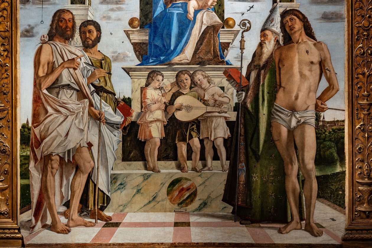 Madona Entronizada com o Menino Jesus entre os Santos, detalhe de Bartolomeo Montagna