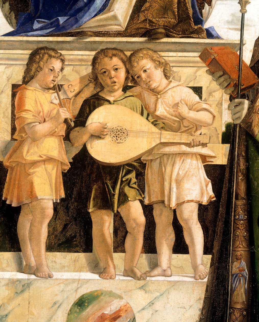 Madonna e Criança Entronizada com os Santos João Baptista, Bartolomeu e Sebastião, por Bartolomeu Cincani conhecido como Il Montagna (1450-1523). Detalhe. de Bartolomeo Montagna