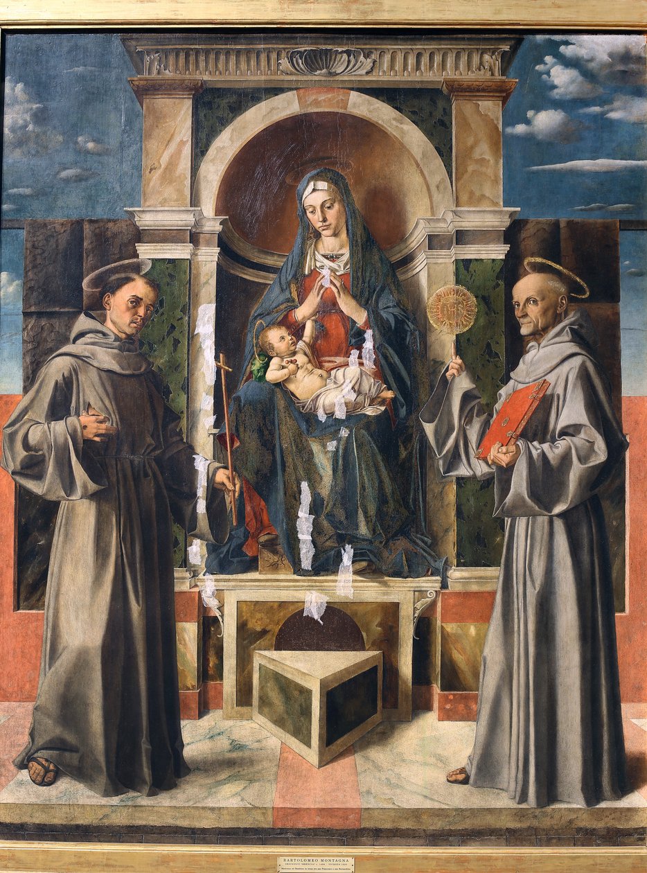 Madonna e Child entronizaram entre São Francisco e São Bernardino de Siena, c.1490 de Bartolomeo Montagna