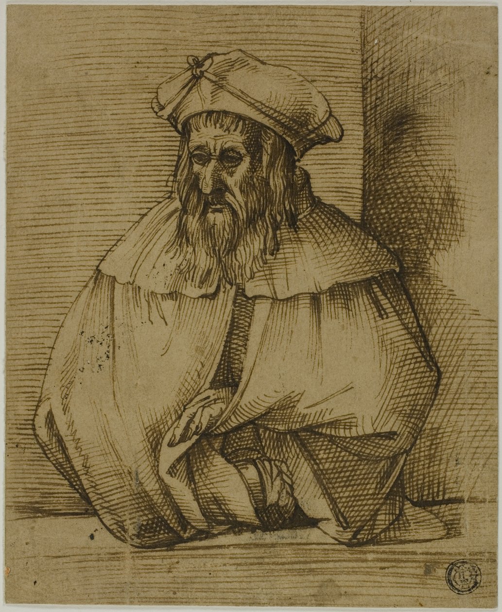 Esboço a meio comprimento de um cavalheiro com chapéu e capa de Bartolomeo Passarotti
