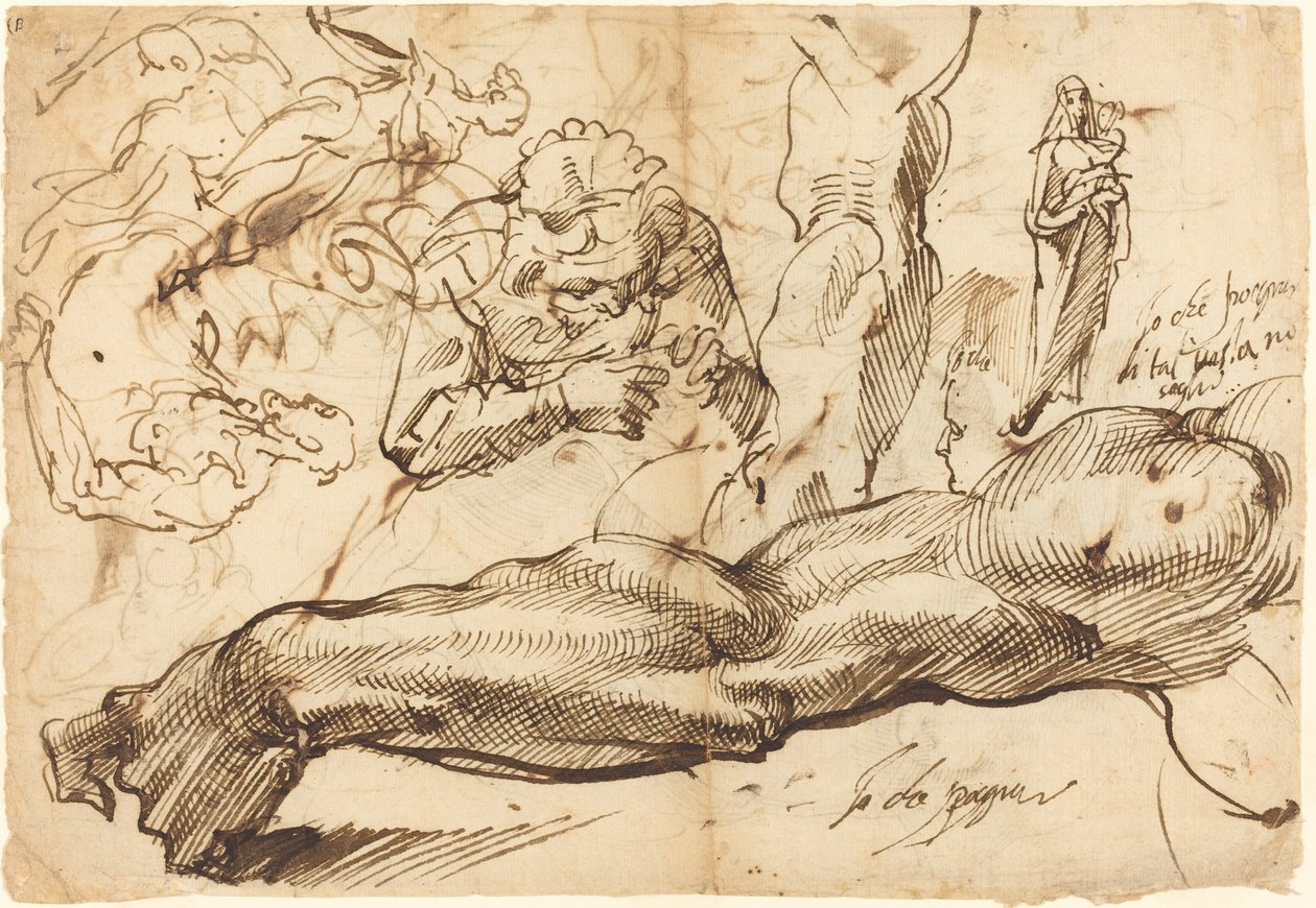 Estudos de um braço esquerdo, uma jovem, uma madona e uma criança, um rosto de perfil e figuras nuas de Bartolomeo Passarotti