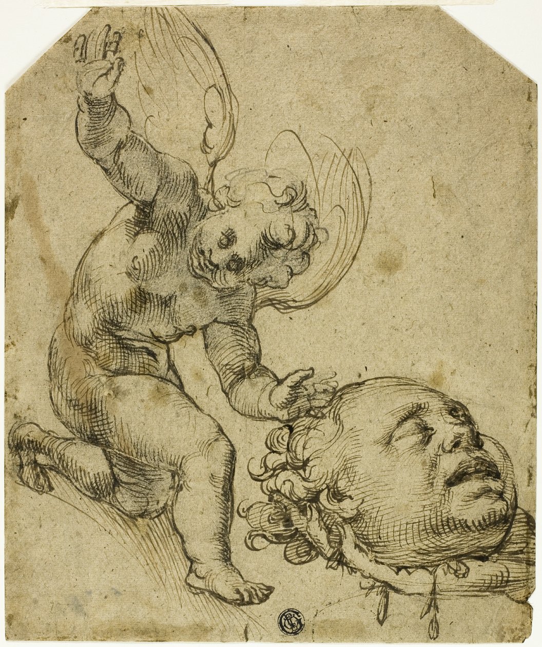 Dois esboços: Putto ajoelhado segurando uma cabeça (anverso) Pormenores de uma criança masculina nua (verso) de Bartolomeo Passarotti