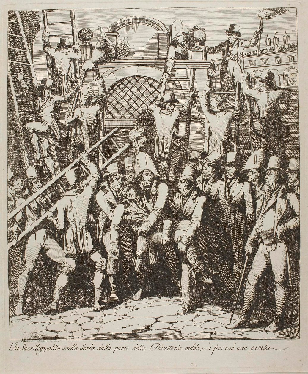 Um blasfemador parte a perna ao escalar os muros do Vaticano, 6 de julho de 1809 de Bartolomeo Pinelli