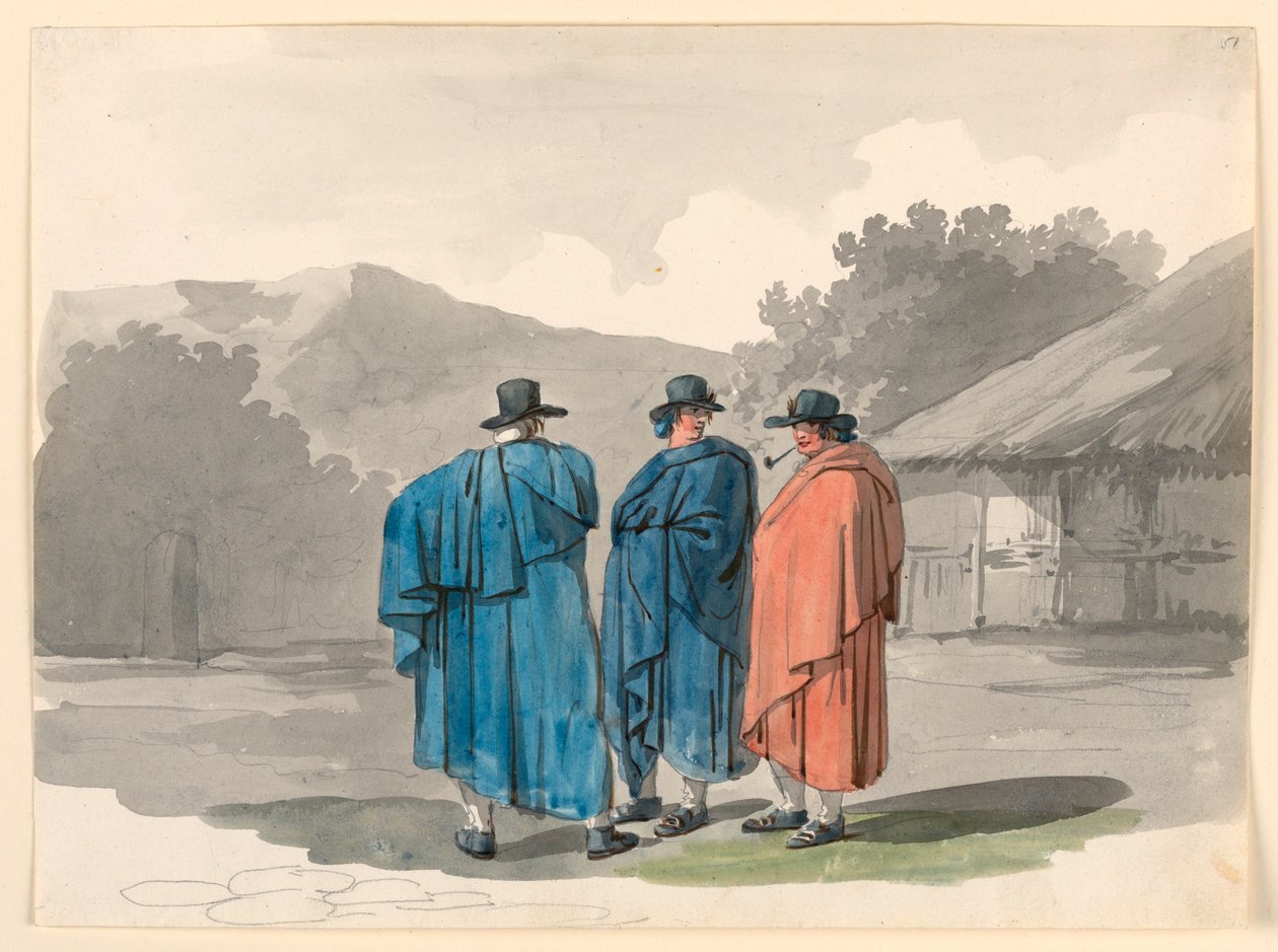 Um grupo de três camponeses em uma aldeia de Bartolomeo Pinelli