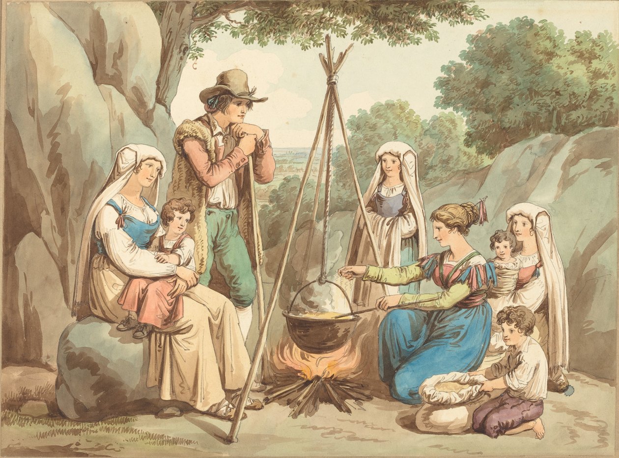 Uma família camponesa cozinhando sobre uma fogueira de Bartolomeo Pinelli