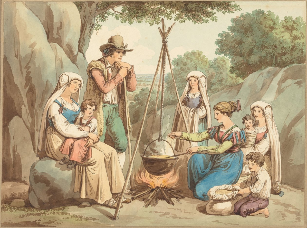 Uma família de camponeses a cozinhar numa fogueira de Bartolomeo Pinelli