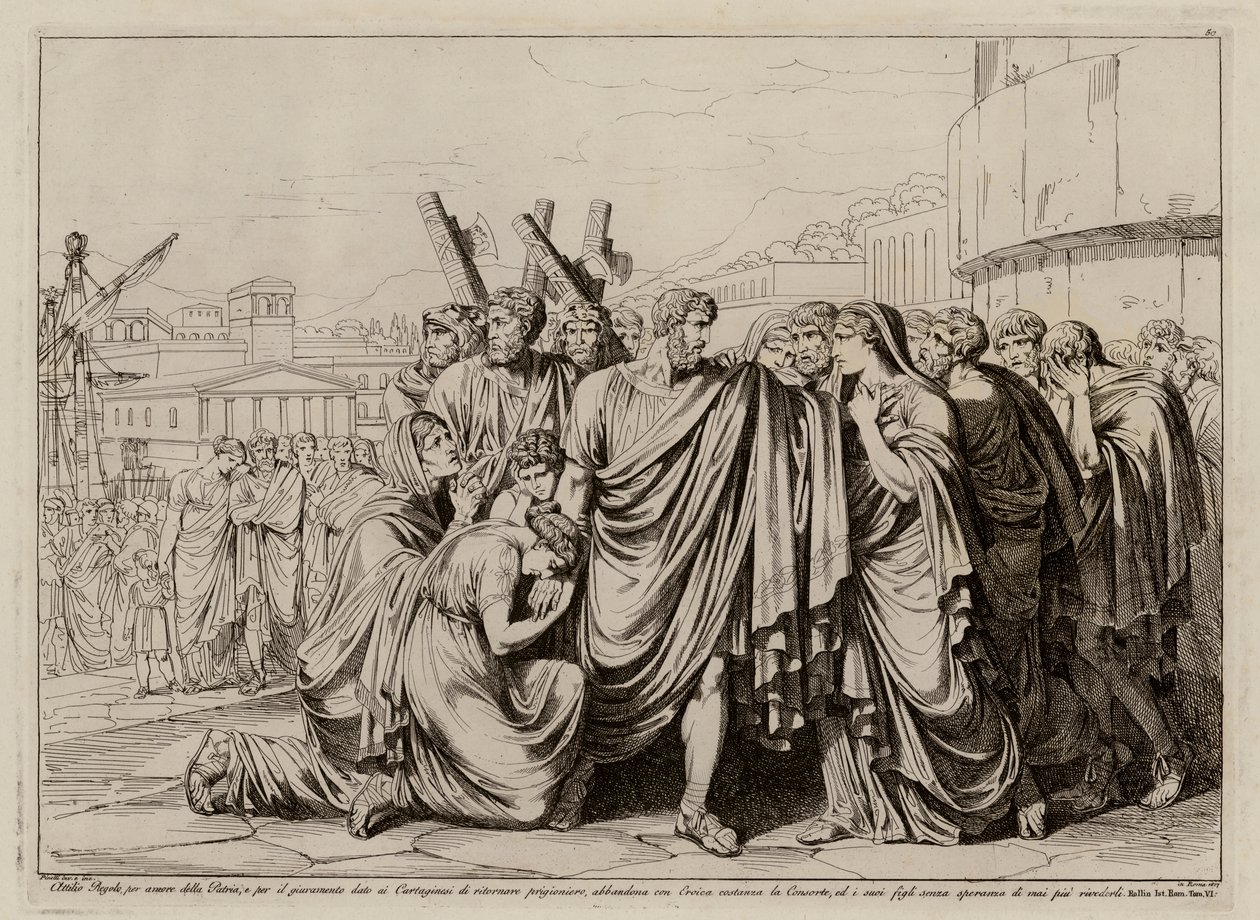Atilius Regulus prepara-se para deixar Roma e regressar ao cativeiro em Cartago (gravura) de Bartolomeo Pinelli