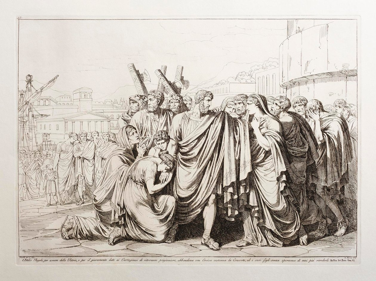 Attilio Regolo, por amor da sua pátria e pelo juramento dado aos cartagineses de regressar como prisioneiro, abandona a sua esposa com heroica constância e os seus filhos sem esperança de alguma vez os voltar a ver de Bartolomeo Pinelli