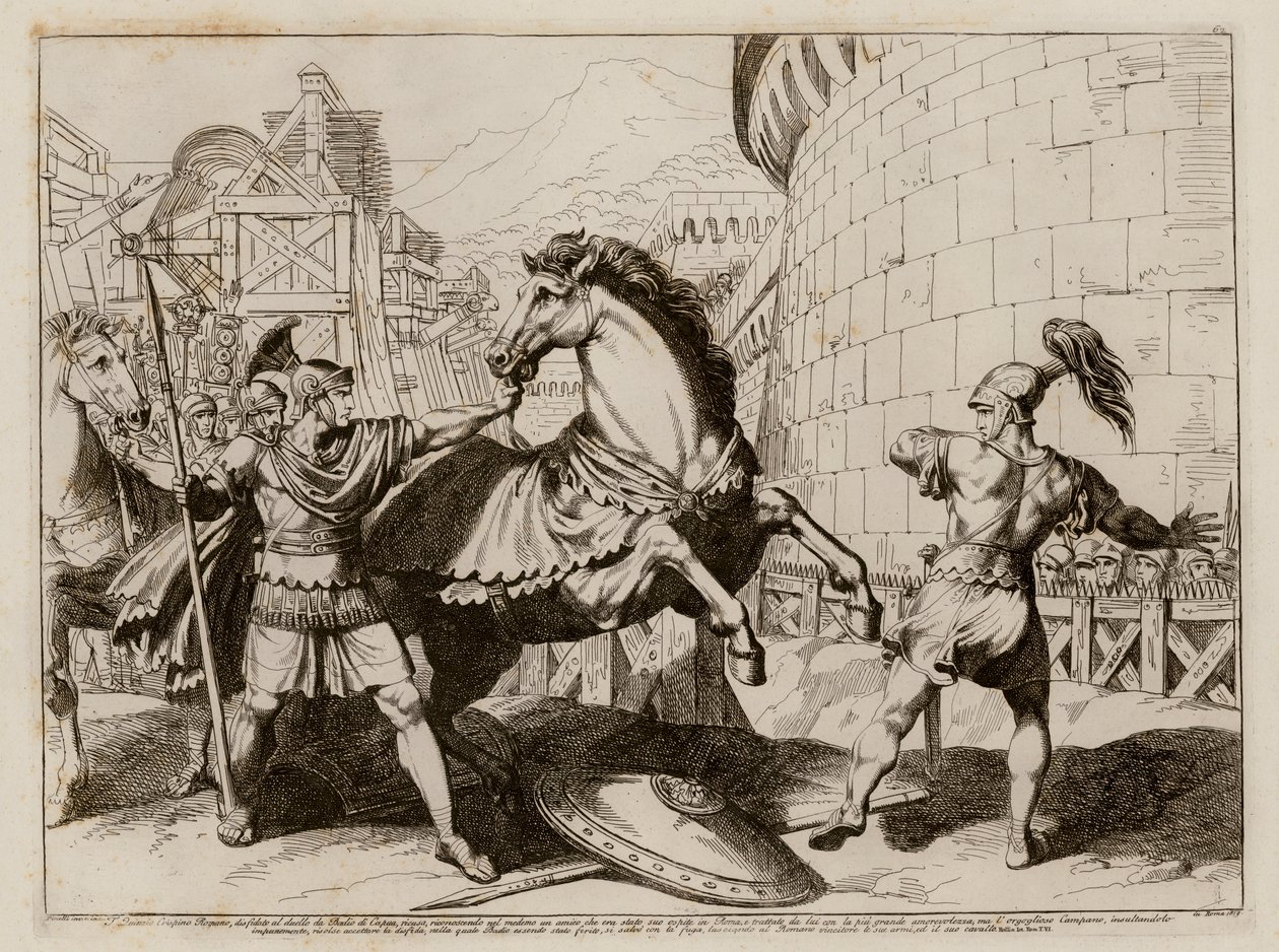 Badius de Cápua foge após uma batalha com Titus Quinctius Crispinus Sulpicianus (gravura) de Bartolomeo Pinelli