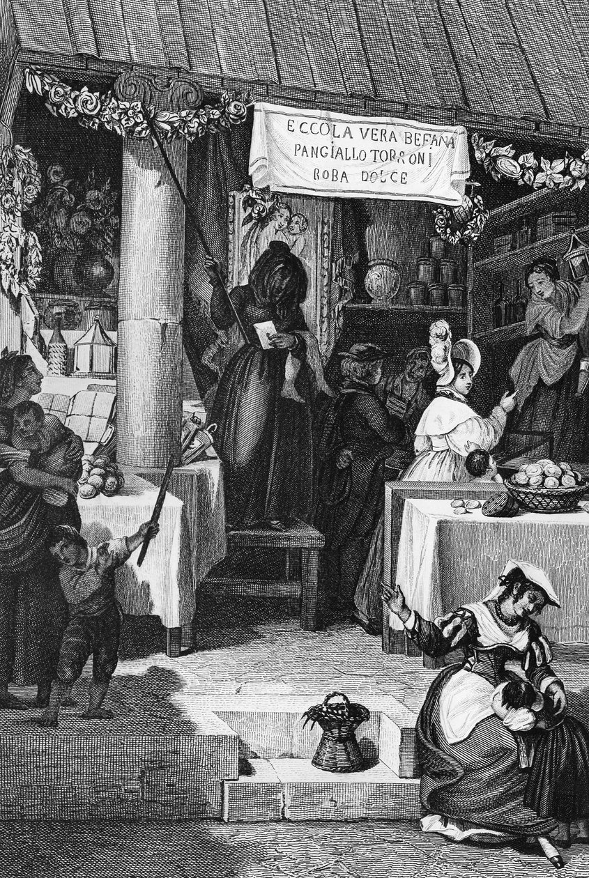 Befana (bruxa de Natal italiana), barraca de venda de doces e nougat na Piazza Navona durante a Epifania, Roma, gravura de Bartolomeo Pinelli de Bartolomeo Pinelli