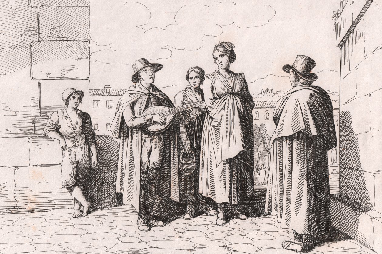 Homem cego cantando e tocando, gravura de Bartolomeo Pinelli (Roma de Bartolomeo Pinelli