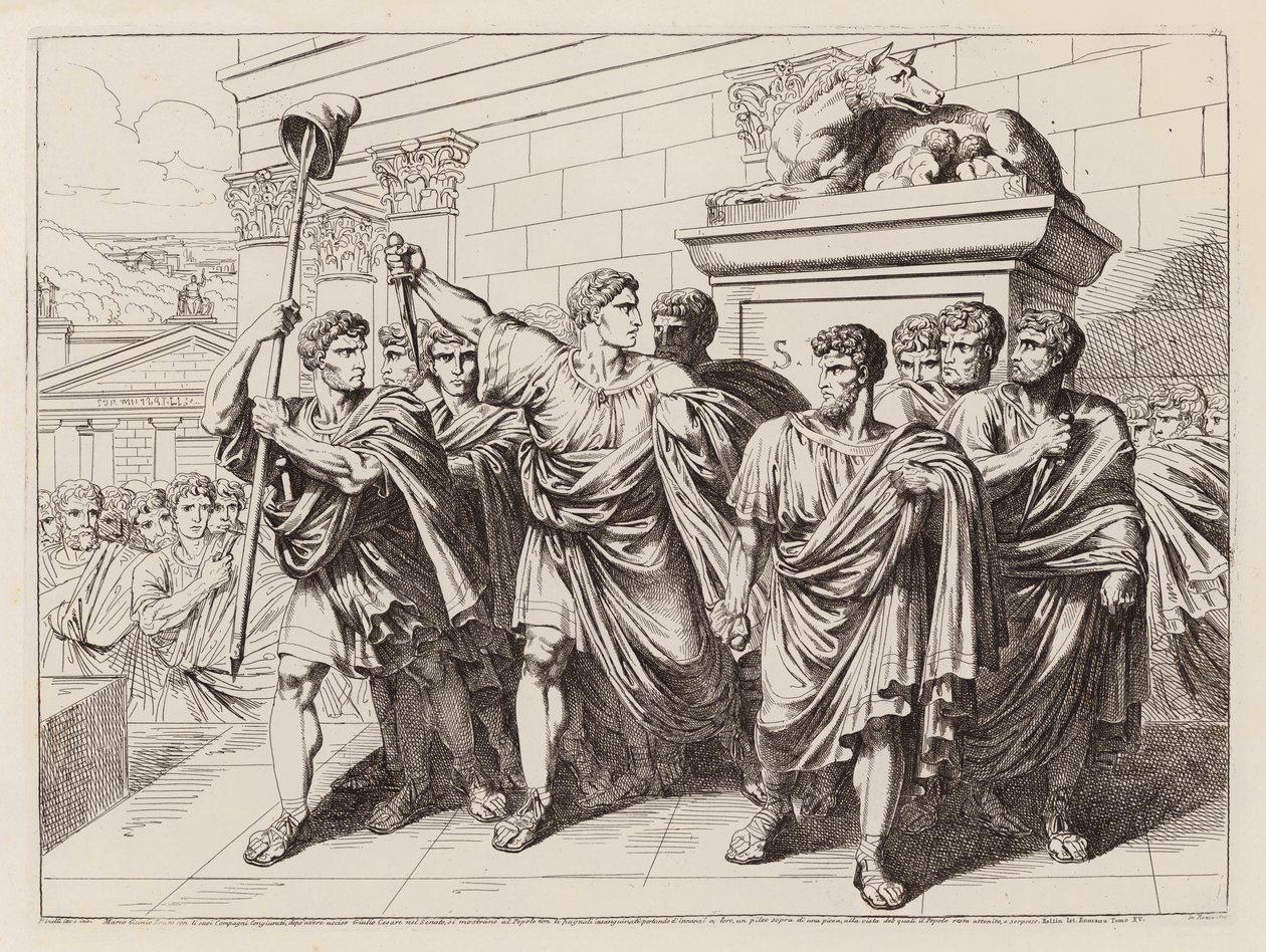 Brutus e os seus companheiros de conspiração abandonam o Senado depois de matarem Júlio César, 44 a.C. (gravura) de Bartolomeo Pinelli