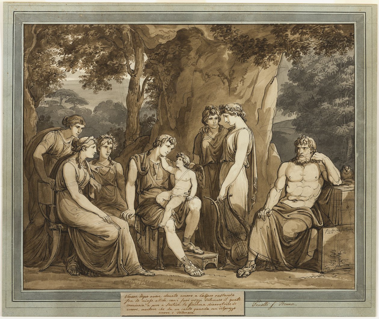 Calipso observa Telêmaco com Cupido no joelho, enquanto o mentor observa com raiva, de As aventuras de Telêmaco, livro 7 de Bartolomeo Pinelli