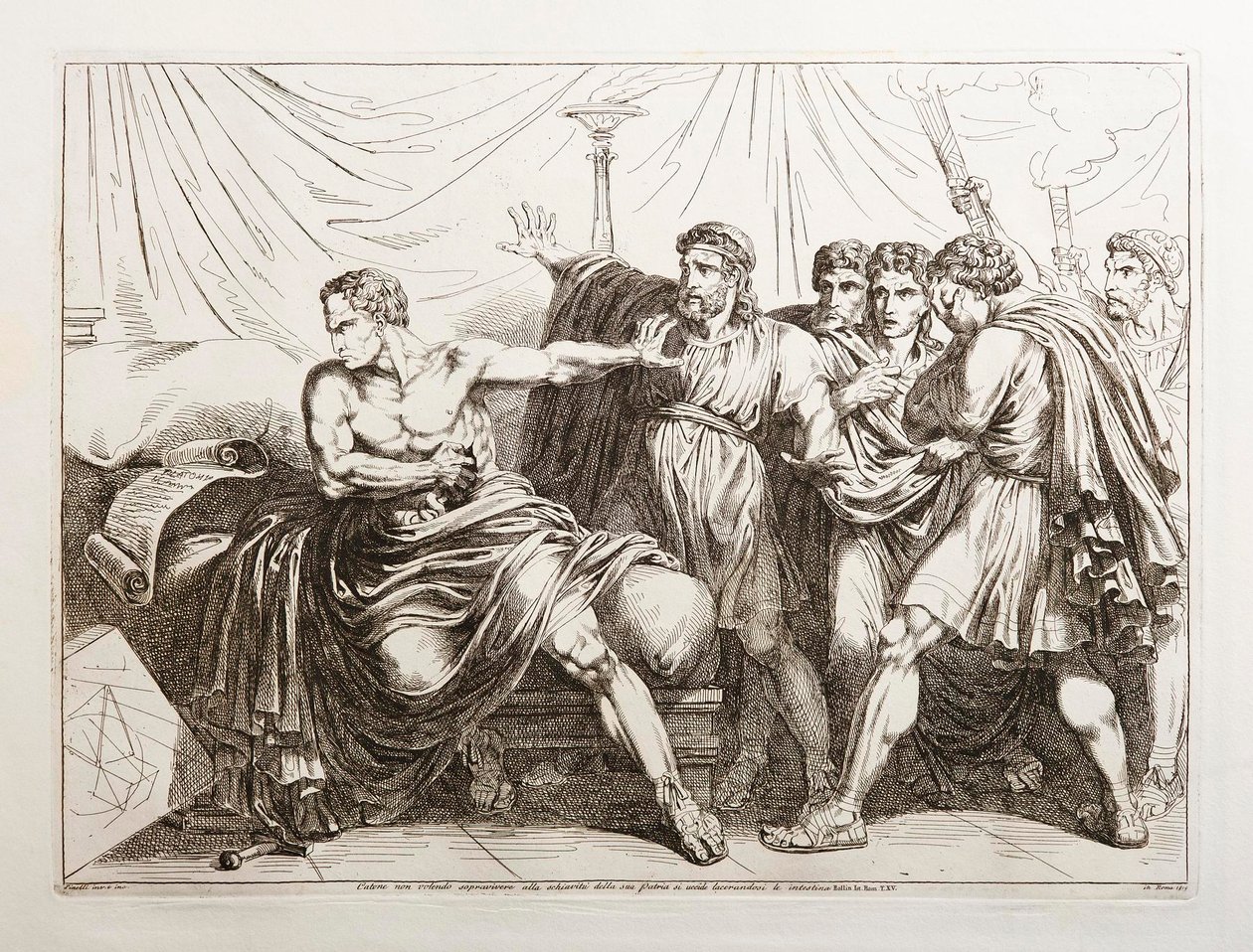 Cato, não querendo sobreviver à escravidão na sua terra natal, suicida-se arrancando-se as entranhas de Bartolomeo Pinelli