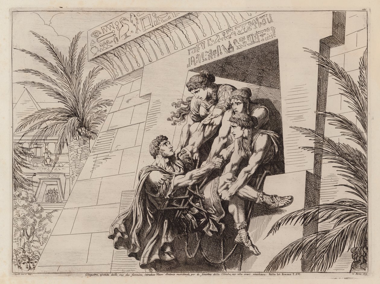 Cleópatra e os seus companheiros transportam Marco António moribundo para o seu túmulo (gravura) de Bartolomeo Pinelli