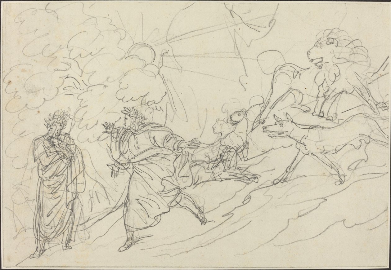 Dante foge das feras e conhece Virgílio de Bartolomeo Pinelli