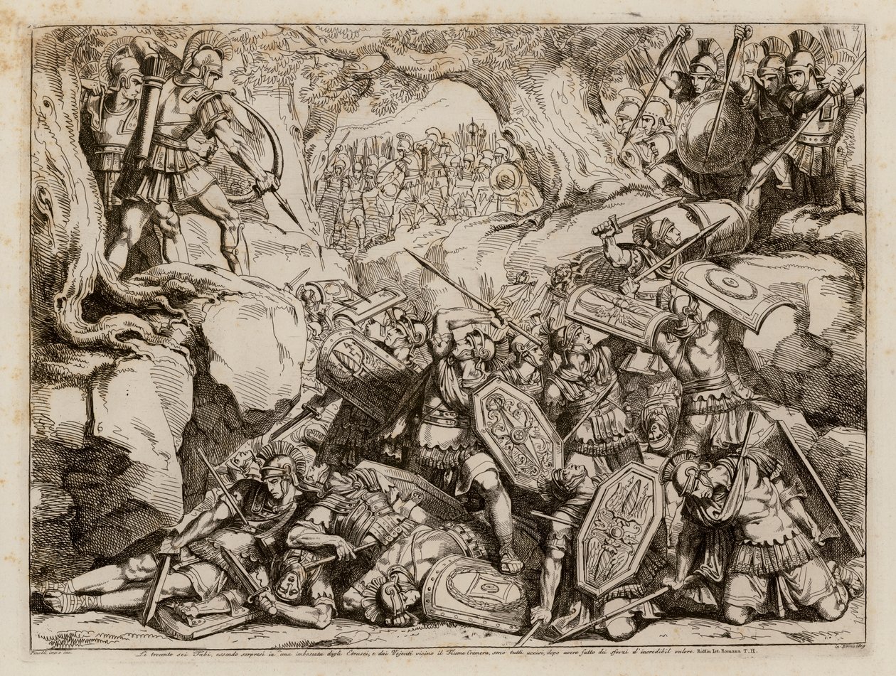 Destruição da gens Fabia romana na batalha de Cremera, 477 a.C. (gravura) de Bartolomeo Pinelli