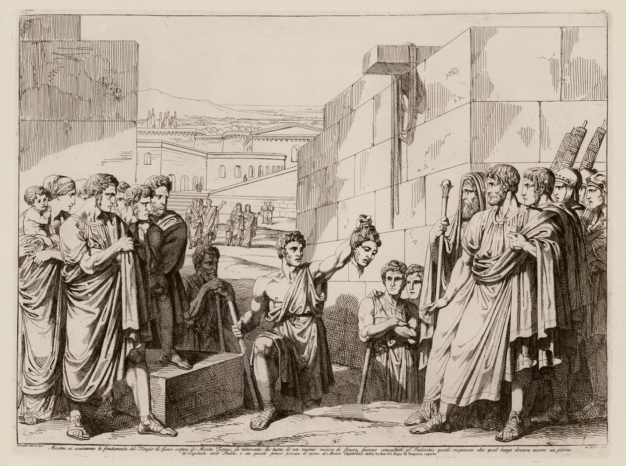 Descoberta da cabeça decepada de um homem durante a escavação das fundações do Templo de Júpiter, Roma (gravura) de Bartolomeo Pinelli