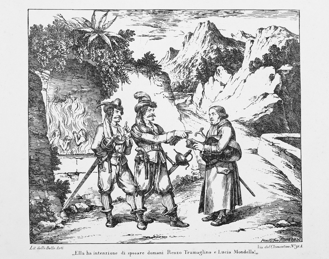 Don Abbondio encontra dois Bravi, litografia de Bartolomeo Pinelli (1781-1835) para O Betrothed de Alessandro Manzoni (1785-1873), Itália,século 19 de Bartolomeo Pinelli