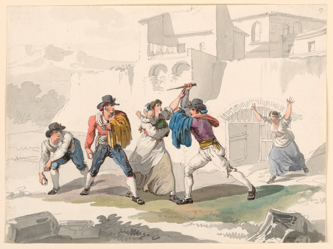 Desenho, Uma disputa doméstica em Tivoli, 1807-08 de Bartolomeo Pinelli