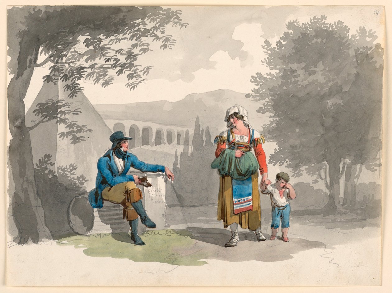 Desenho, Uma mulher segurando um menino com a mão e passando por um cavalheiro sentado entre ruínas na Campagna, 1807 de Bartolomeo Pinelli