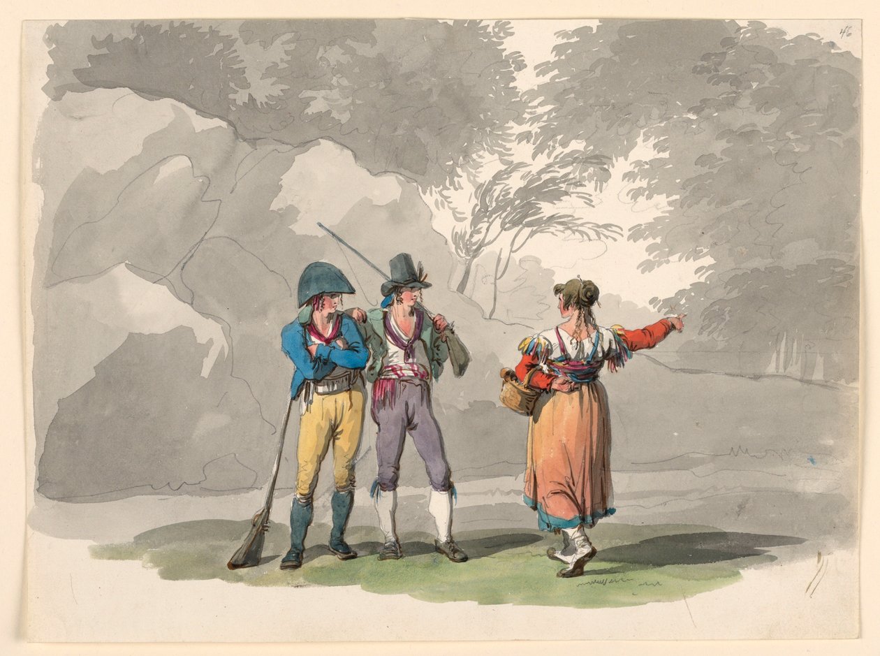 Desenho, Uma mulher e dois homens com armas. Trajes do Reino de Nápoles, 1807-08 de Bartolomeo Pinelli
