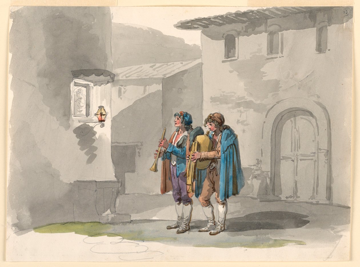 Desenho, "Pifferari", Dois Flautistas dos Abruzos em Roma, 1807-08 de Bartolomeo Pinelli
