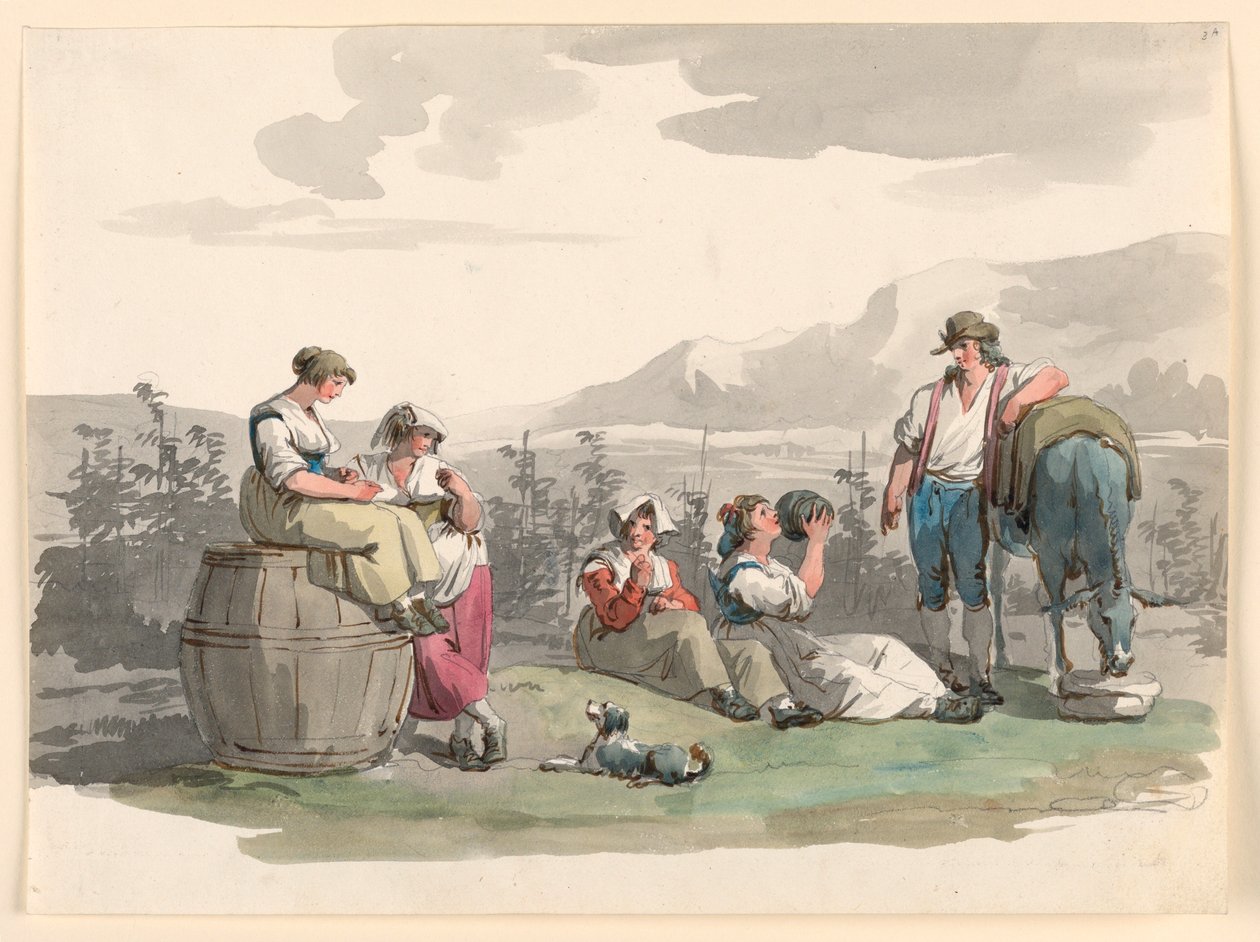 Desenho, Descanso durante a Vindima, 1807-08 de Bartolomeo Pinelli