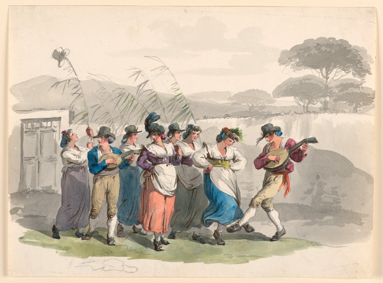 Desenho, "Saltarello Romano", Camponeses dançantes nos arredores de Roma, 1807-08 de Bartolomeo Pinelli