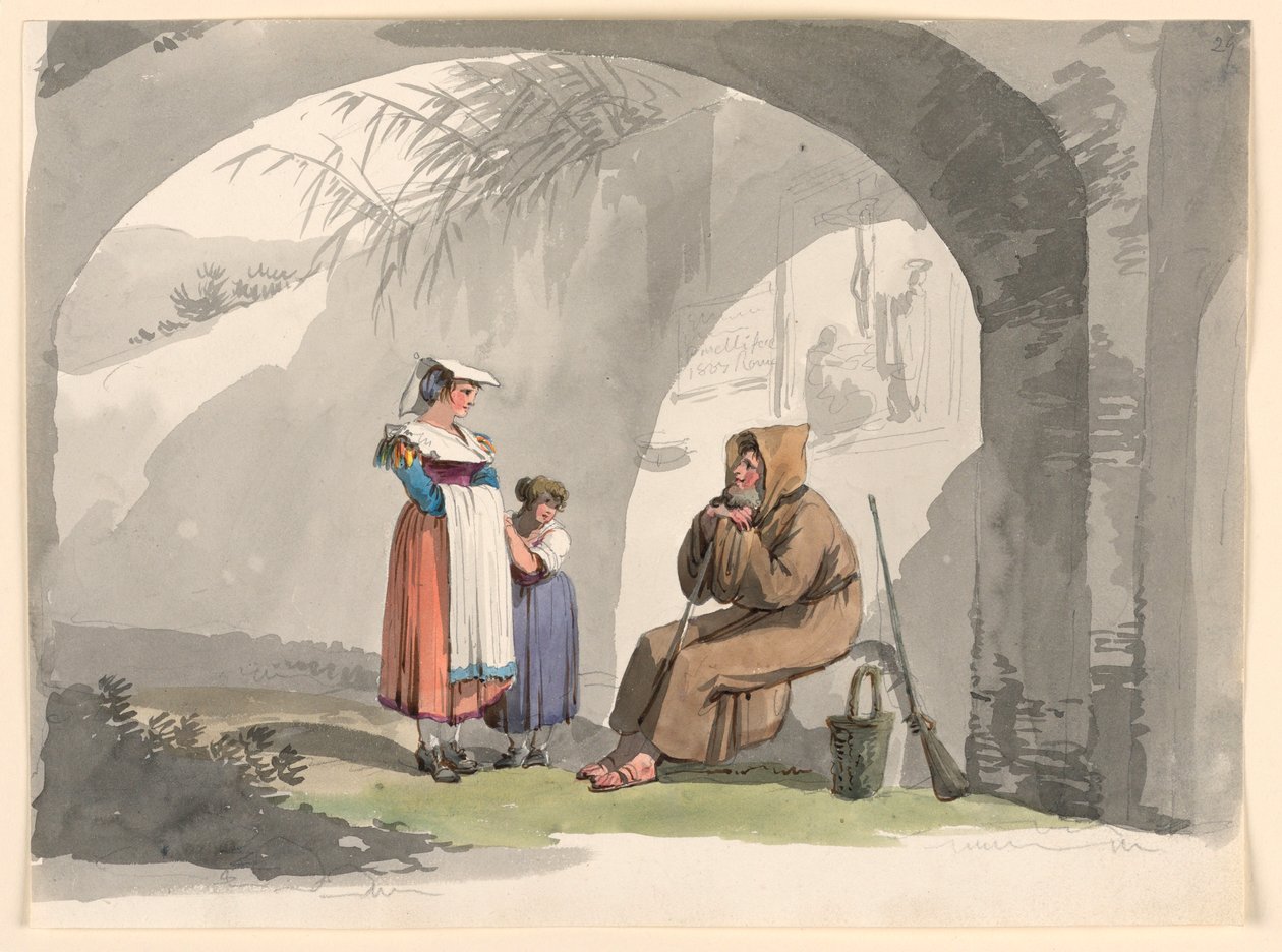 Desenho, Duas raparigas de Frascati visitam um eremita, 1807 de Bartolomeo Pinelli
