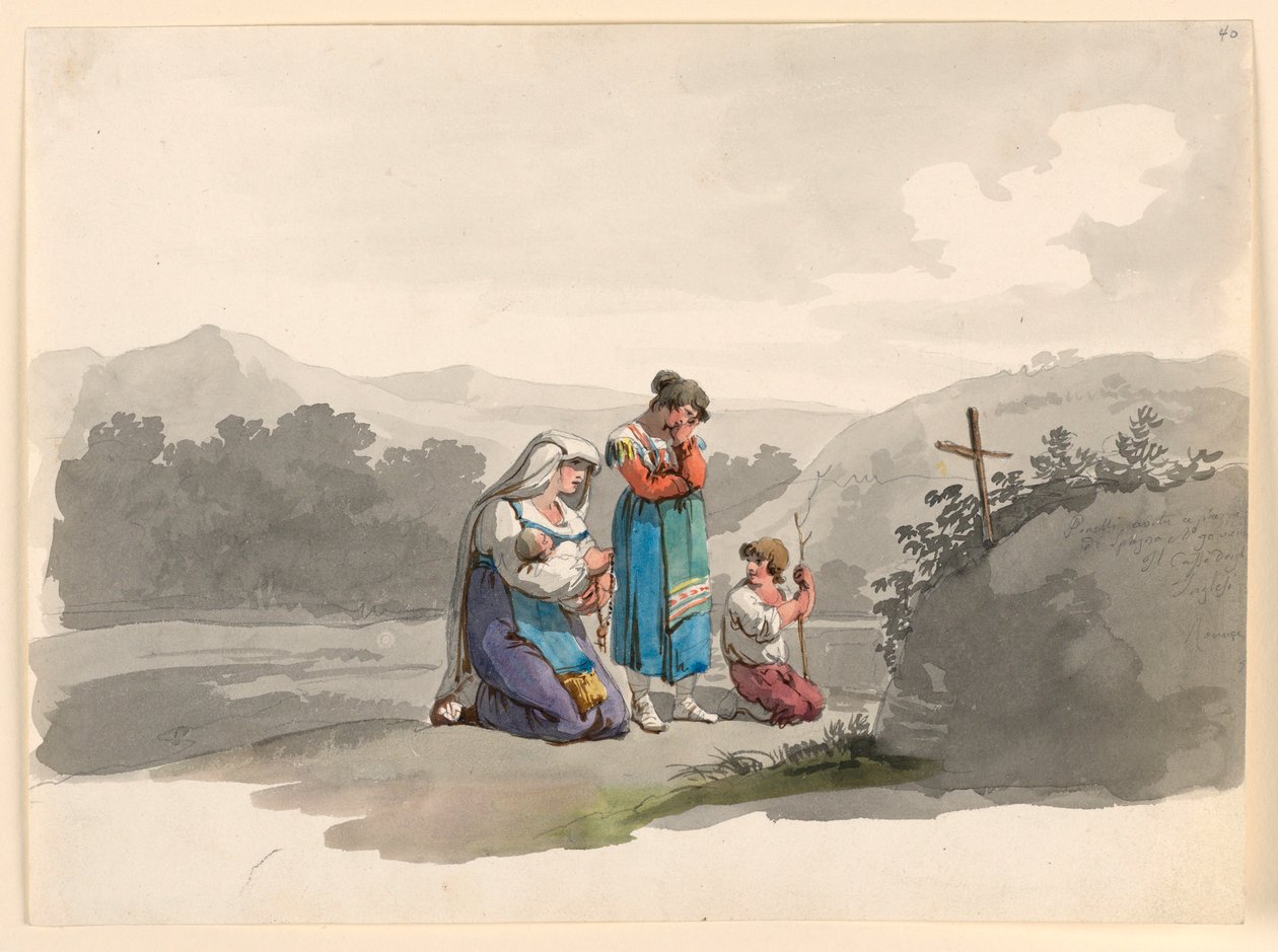 Desenho, Mulher com um bebé a rezar diante da cruz que marca o local onde o seu marido foi morto, 1807-08 de Bartolomeo Pinelli