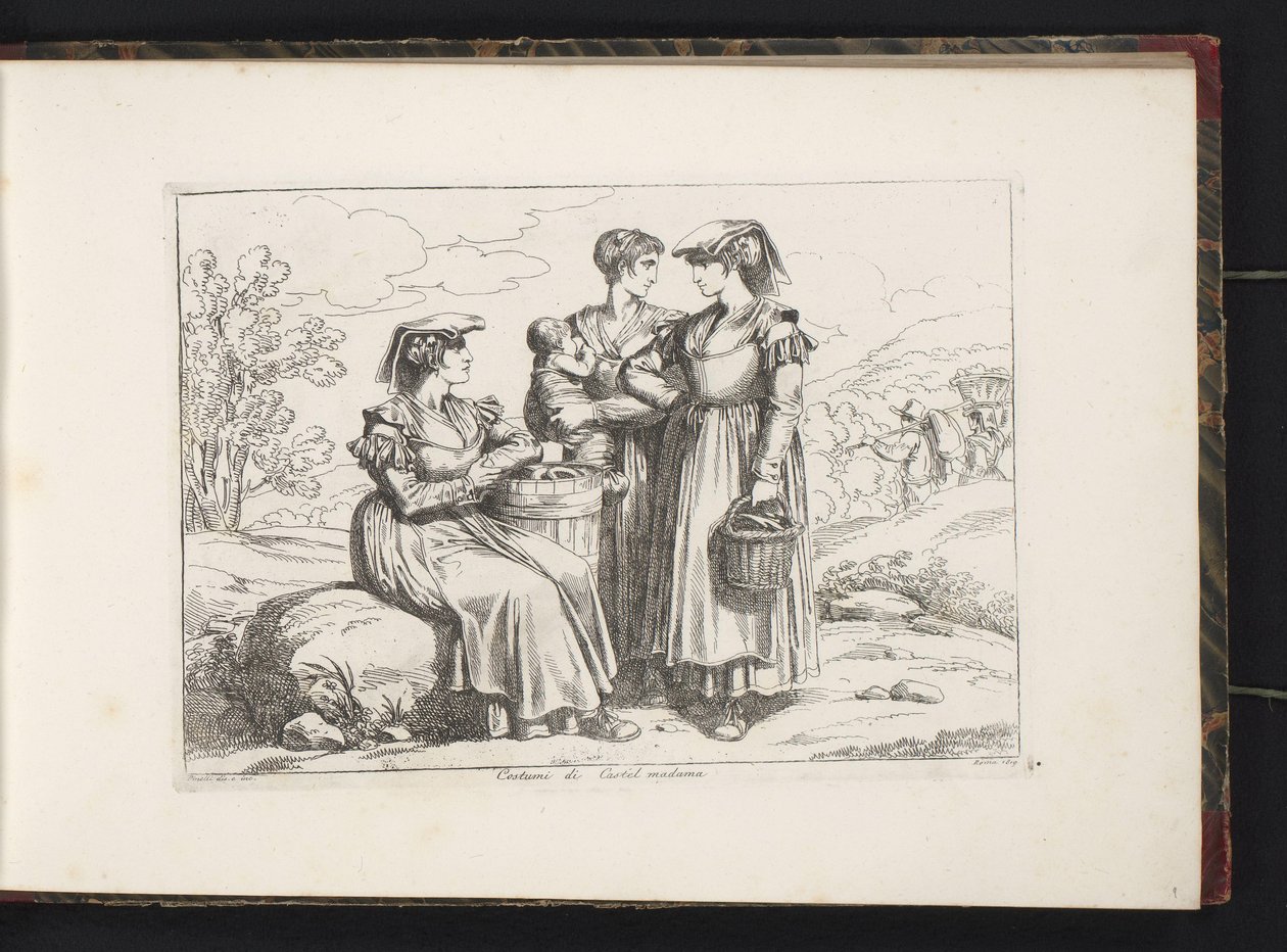 Três mulheres e uma criança de Castel Madama
Costumi di Castel madama (título sobre o objecto)
Estampas de trajes com figuras de Roma e arredores (título da série)
Nuova raccolta di cinquanta costumi de contorni di Roma (título da série) de Bartolomeo Pinelli