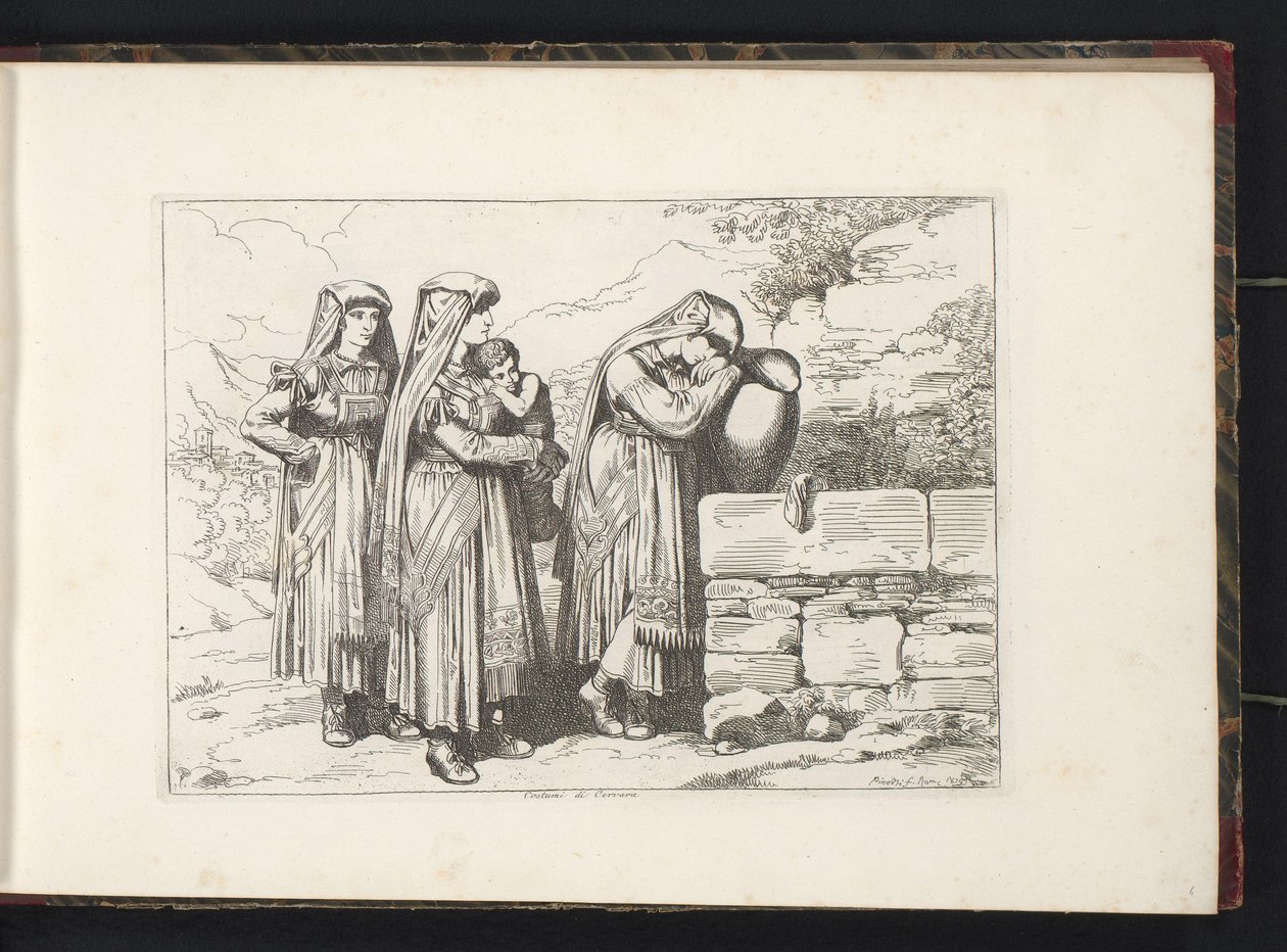 Três mulheres e uma criança de Cervara di Roma Costumi di Cervara (título no objeto) Estampas de fantasias com figuras de Roma e arredores (título da série) Nuova raccolta di cinquanta costumi de contorni di Roma (título da série) de Bartolomeo Pinelli