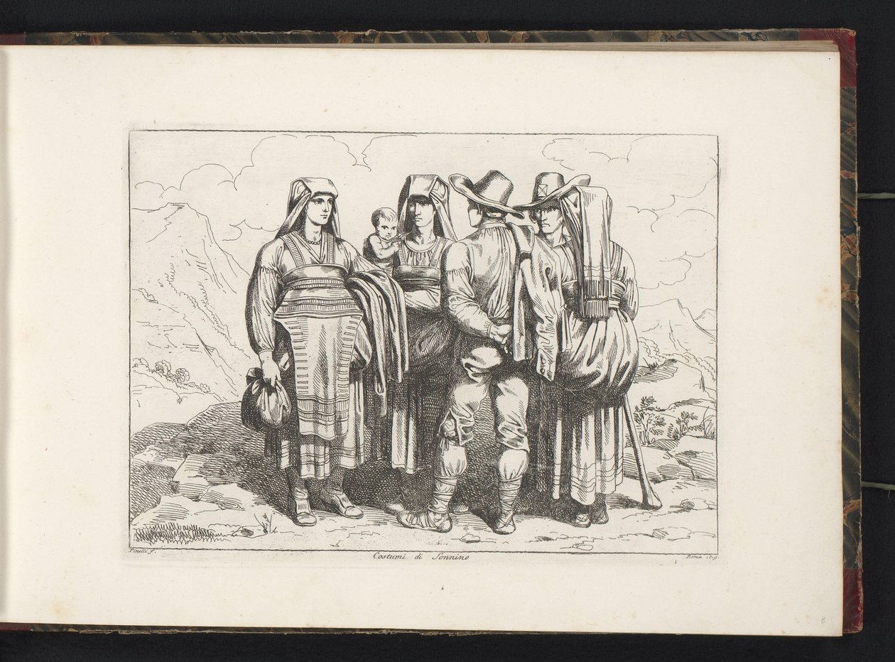 Três mulheres e dois homens de Sonnino
Costumi di Sonnino (título sobre o objecto)
Estampas de trajes com figuras de Roma e arredores (título da série)
Nuova raccolta di cinquanta costumi de contorni di Roma (título da série) de Bartolomeo Pinelli
