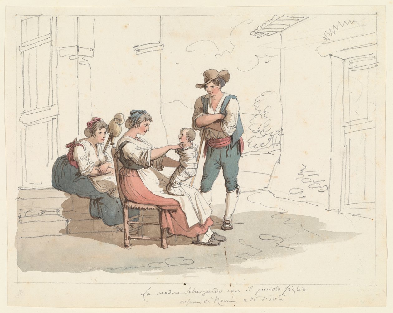 Cena familiar com uma mãe e uma criança, ilustração para «Trajes e costumes romanos» de Bartolomeo Pinelli